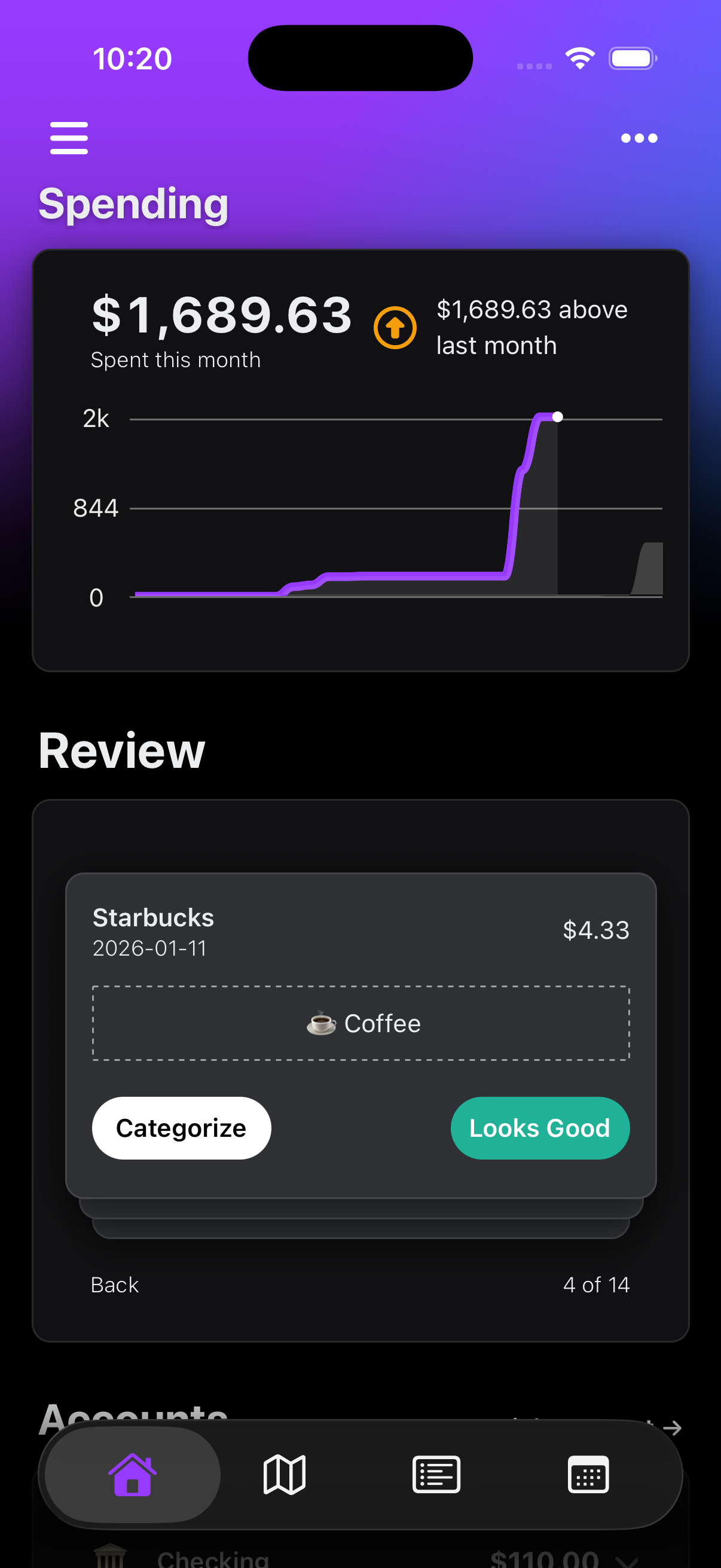 MoneyMap spending overview showing $1,689.63 spent this month with a purple gradient interface
